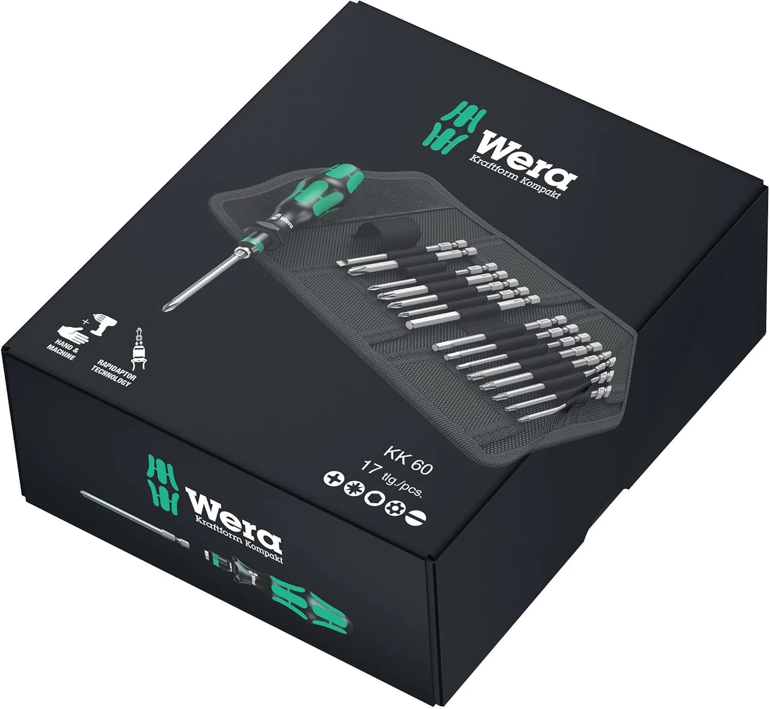 Wera 5059295001 KK 60 Kraftform Bitholding Screwdriver and 3 1/2-Inch Bit Pouch Set, 17-Piece, Multi