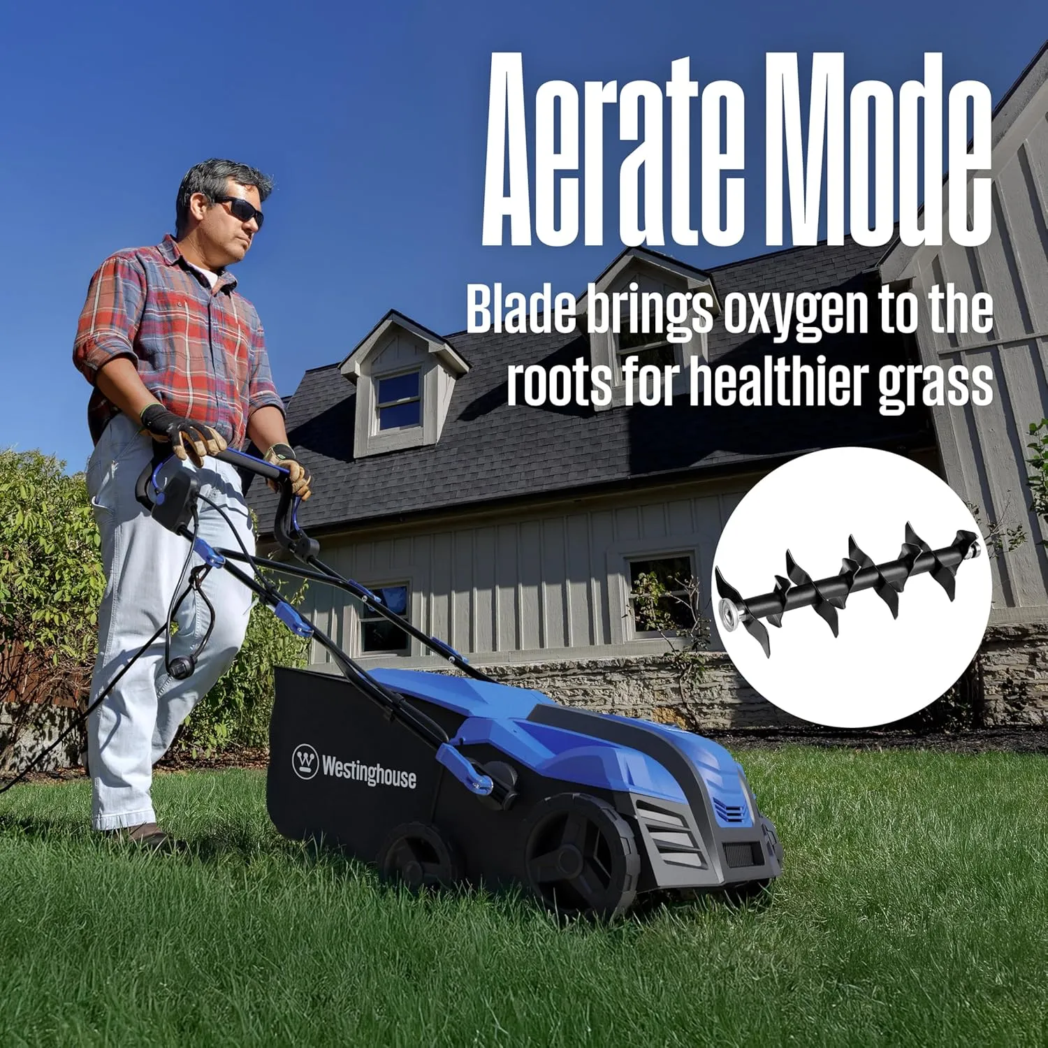 Westinghouse 16-Inch 15 Amp2-in-1 Corded Electric Dethatcher and Aerator with 14.5 Gallon Thatch Collection Bag, 5-Position Depth Adjustment and 3-Position Angle Settings