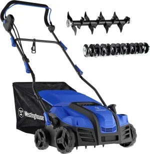 Westinghouse 16-Inch 15 Amp2-in-1 Corded Electric Dethatcher and Aerator with 14.5 Gallon Thatch Collection Bag, 5-Position Depth Adjustment and 3-Position Angle Settings
