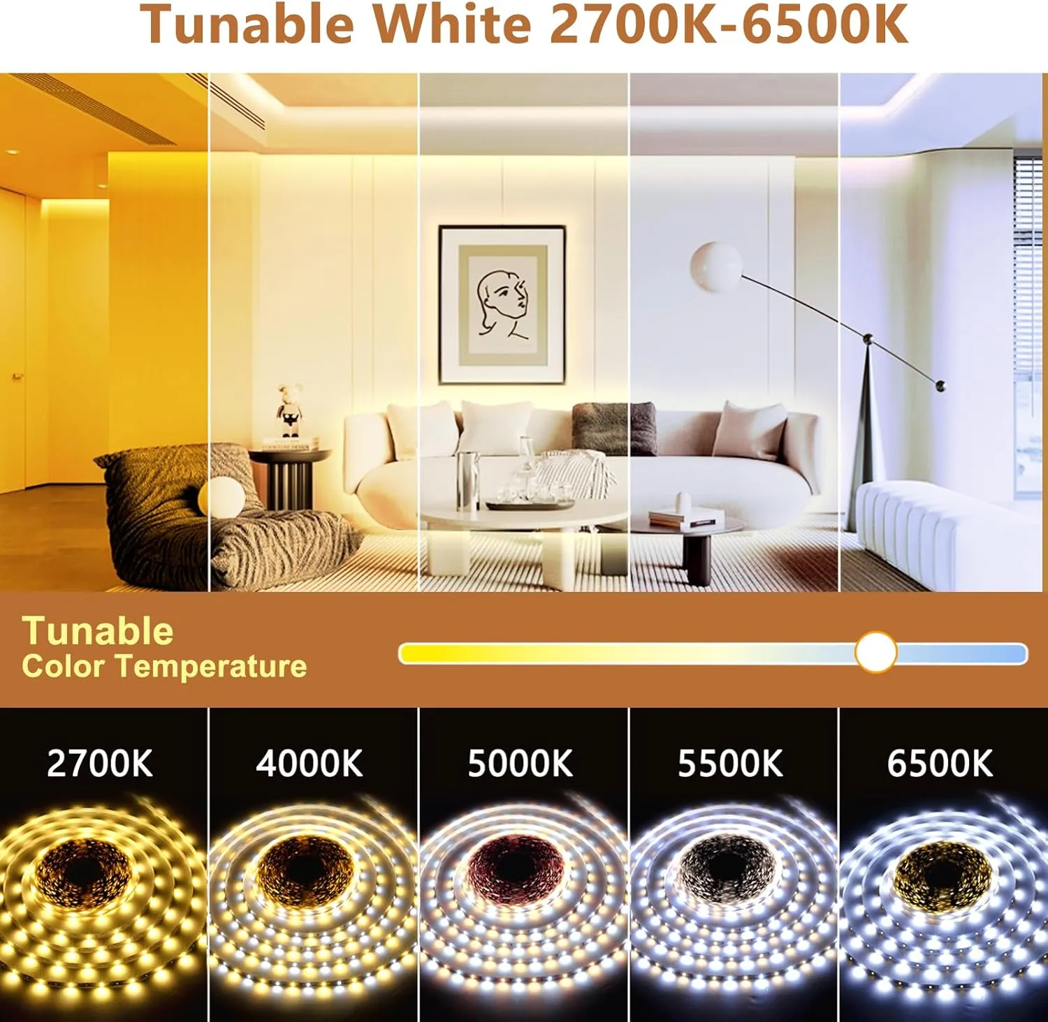 White LED Strip Lights, 100ft Dimmable Bright 24V Led Tape Light with Remote and App Control, 2700K-6500K White 1440 LEDs Lights for Bedroom, Kitchen, Ceiling (1 Rolls of 100ft)