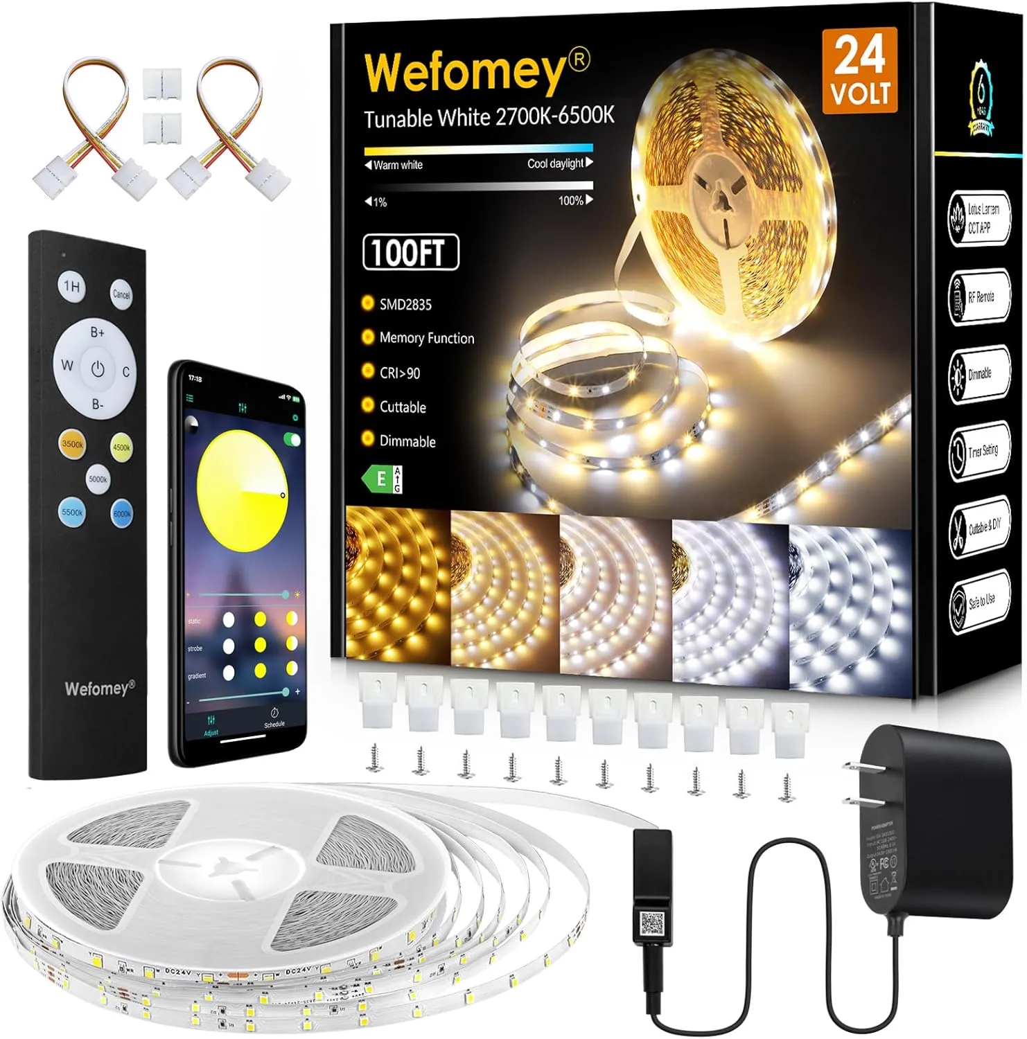 White LED Strip Lights, 100ft Dimmable Bright 24V Led Tape Light with Remote and App Control, 2700K-6500K White 1440 LEDs Lights for Bedroom, Kitchen, Ceiling (1 Rolls of 100ft)