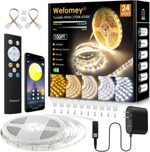 White LED Strip Lights, 100ft Dimmable Bright 24V Led Tape Light with Remote and App Control, 2700K-6500K White 1440 LEDs Lights for Bedroom, Kitchen, Ceiling (1 Rolls of 100ft)