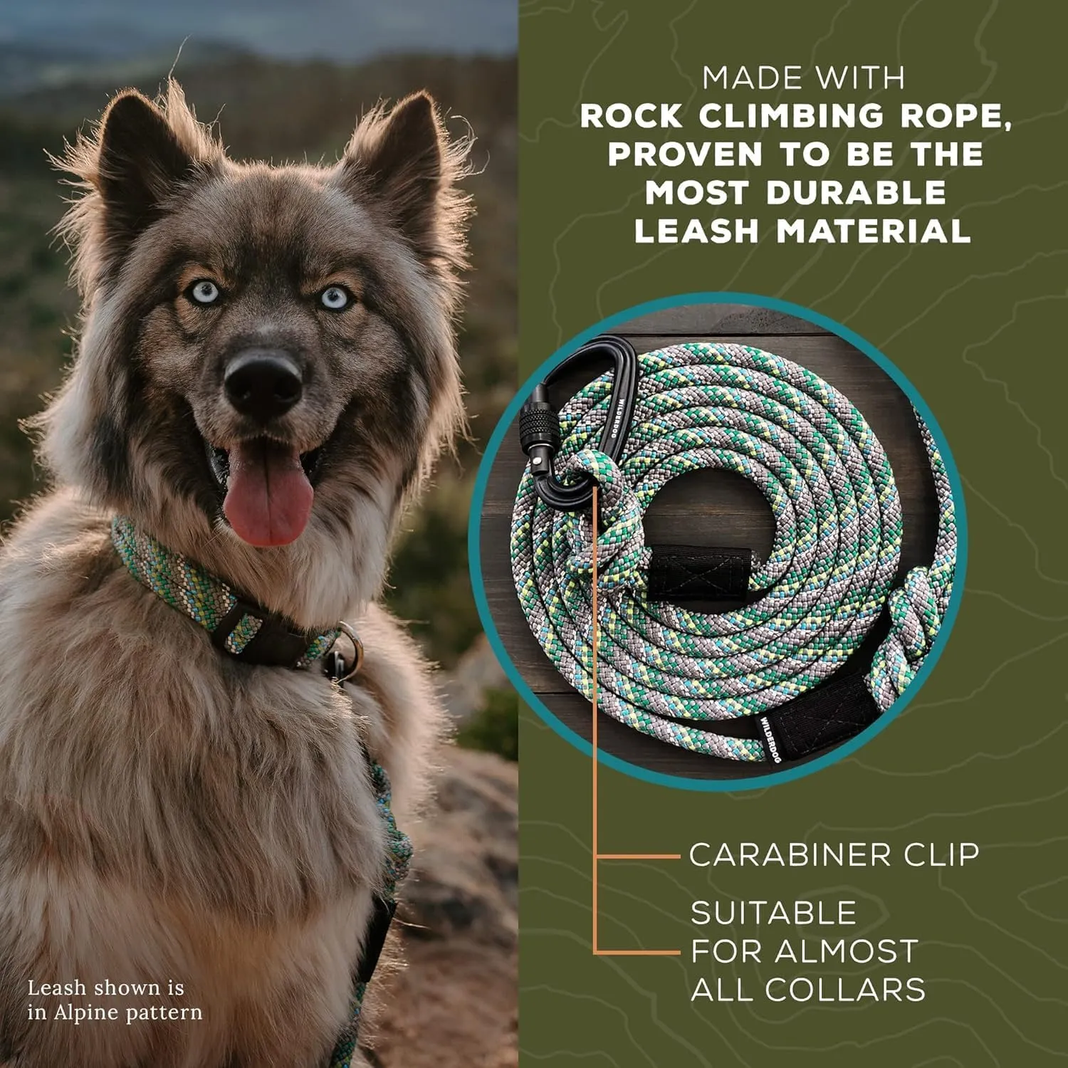 Wilderdog Carabiner Climbing Rope Dog Leash for Medium & Large Dogs - 5ft - Alpine