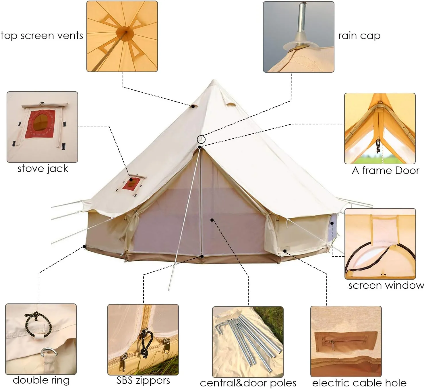 WINTENT Waterproof 4 Season Cotton Canvas Bell Tent with Stove Jack and Oval Flue Flashing Kit for 4/6/8/10/12 Persons