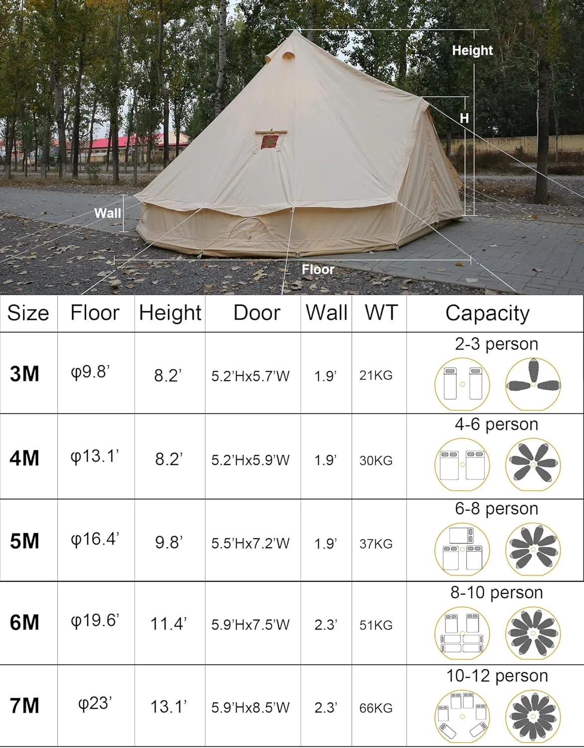 WINTENT Waterproof 4 Season Cotton Canvas Bell Tent with Stove Jack and Oval Flue Flashing Kit for 4/6/8/10/12 Persons