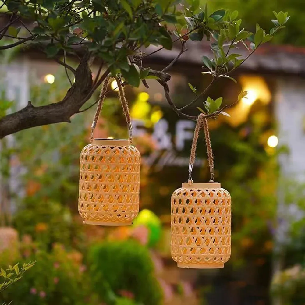 with Outdoor Solar Natural Lantern Handle Patio Light Outdoor for Bamboo Mystery sale Solar Competitive Yard Light Rattan Waterproof Pathway Hanging Lawn