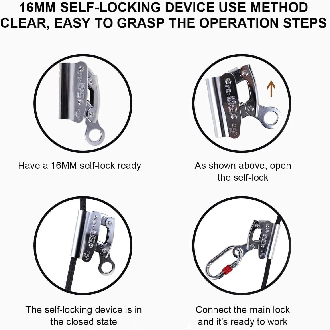 Wokyo Self Locking Rope Grab Stainless Steel Removable Trailing Fall Arrester Anti Fall Protection Equipment Rope Grab Ascender for Rocking Climbing