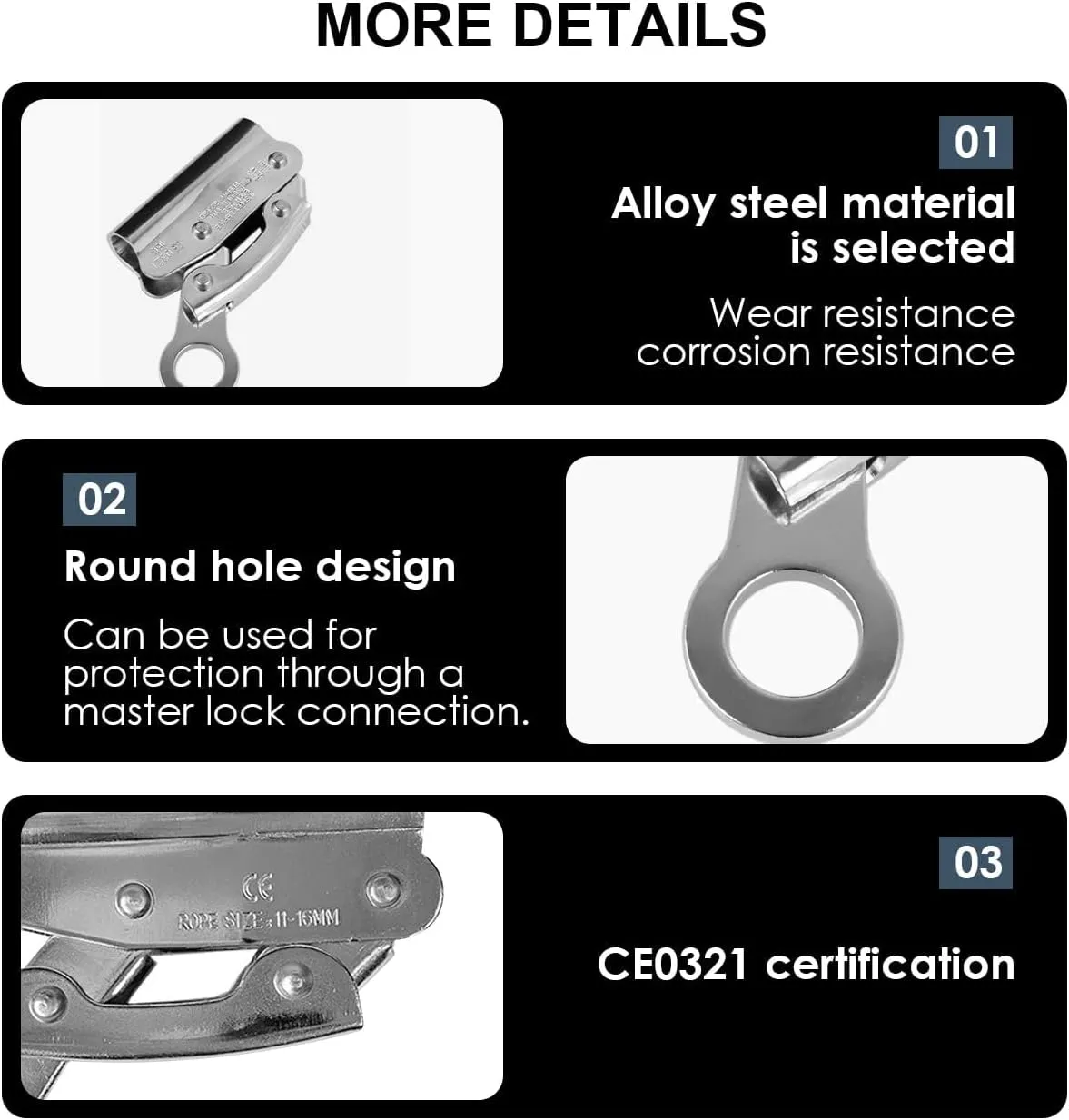Wokyo Self Locking Rope Grab Stainless Steel Removable Trailing Fall Arrester Anti Fall Protection Equipment Rope Grab Ascender for Rocking Climbing