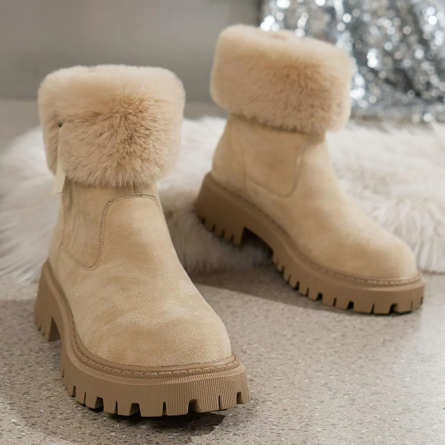 Women's Boots Classic Suede Snow Booties Warm Fashion Short Boots Women's Slip On Boot Comfortable Winter Boot Walking Ankle Booties Lightweight Fall Boots with Side Zipper