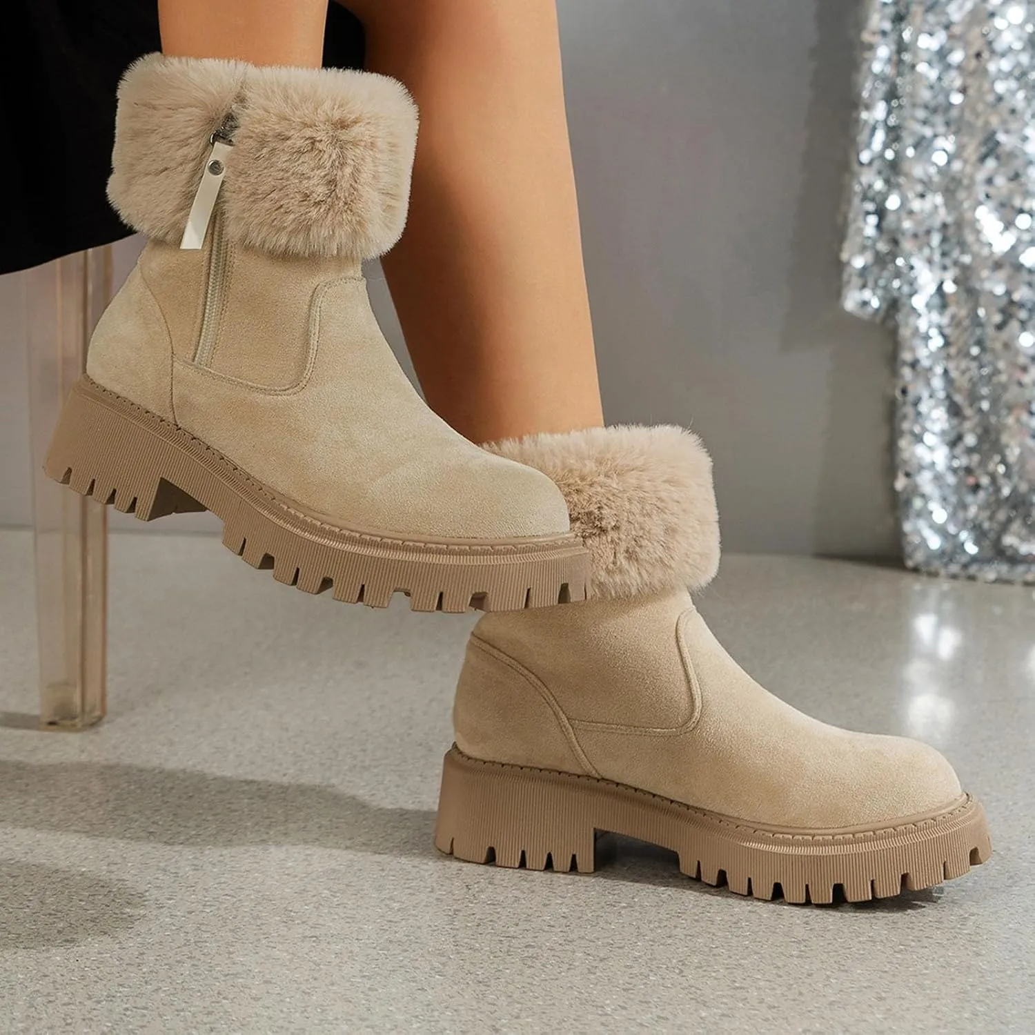 Women's Boots Classic Suede Snow Booties Warm Fashion Short Boots Women's Slip On Boot Comfortable Winter Boot Walking Ankle Booties Lightweight Fall Boots with Side Zipper