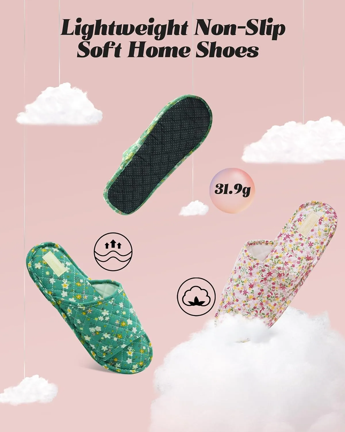 Women's Floral Open Toe Summer Spa Slippers, Lightweight, Comfortable, Portable, Multi-Use
