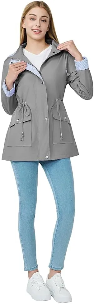 Women's raincoat windbreaker waterproof lightweight lining detachable hooded rainproof jacket