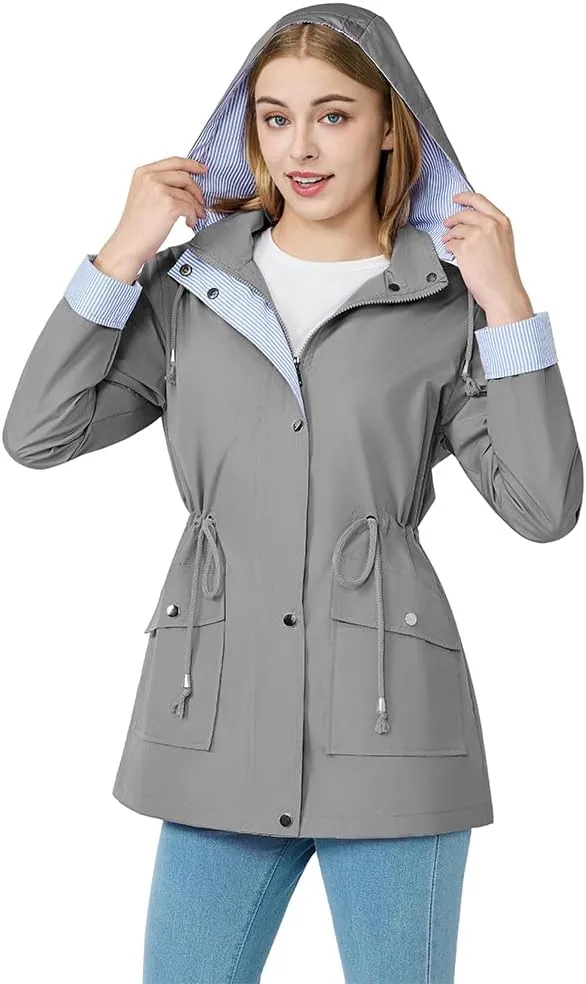 Women's raincoat windbreaker waterproof lightweight lining detachable hooded rainproof jacket