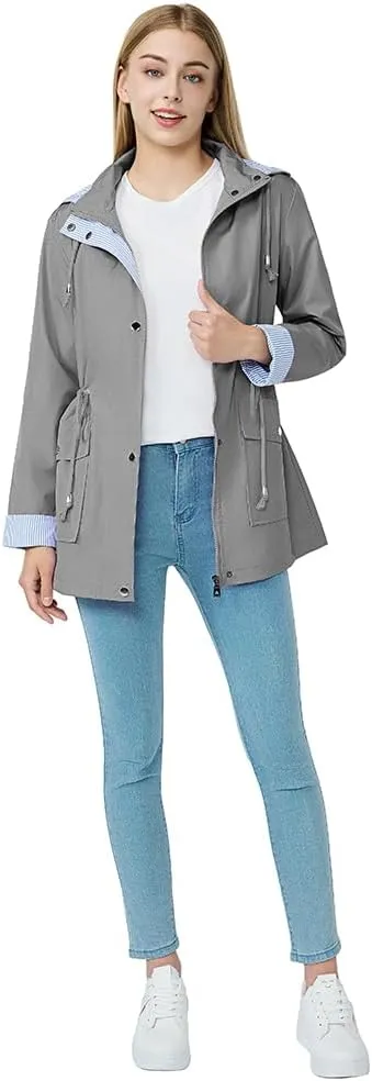 Women's raincoat windbreaker waterproof lightweight lining detachable hooded rainproof jacket