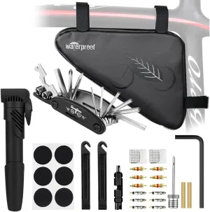 WOTOW Bike Tire Repair Tool Kit, Waterproof Frame Storage Bag & Mini Bike Pump & 11 in 1 Multitool & Bicycle Tyre Lever Patch Portable Repair Tool Accessories Set for Road Mountain BMX Cycling