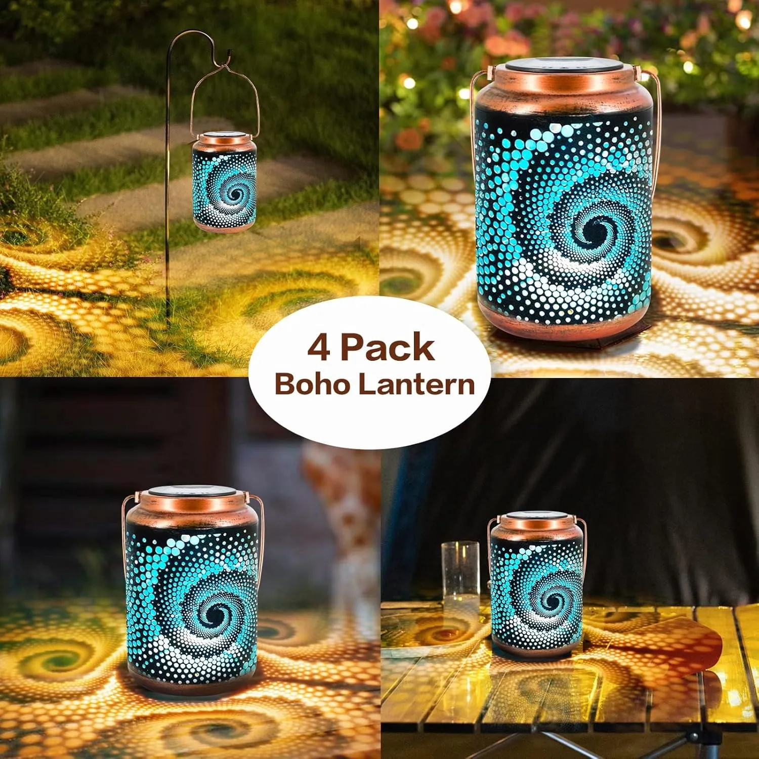 YISITEONE 4-Pack Mosaic Bohemian Outdoor Solar Lanterns, Waterproof Blue Table Lights, Turkish Moroccan Decorations for Garden Patio Yard Lawn Front Porch, Gardening Gifts for Women Mom Grandma