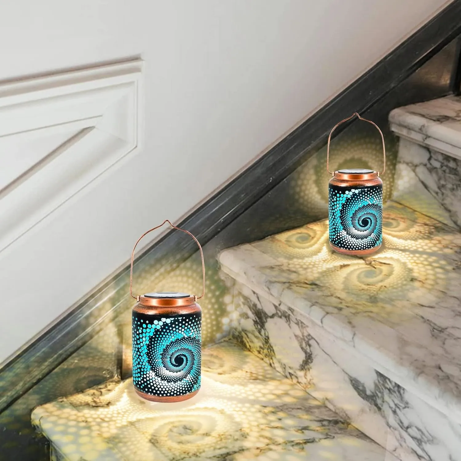 YISITEONE 4-Pack Mosaic Bohemian Outdoor Solar Lanterns, Waterproof Blue Table Lights, Turkish Moroccan Decorations for Garden Patio Yard Lawn Front Porch, Gardening Gifts for Women Mom Grandma