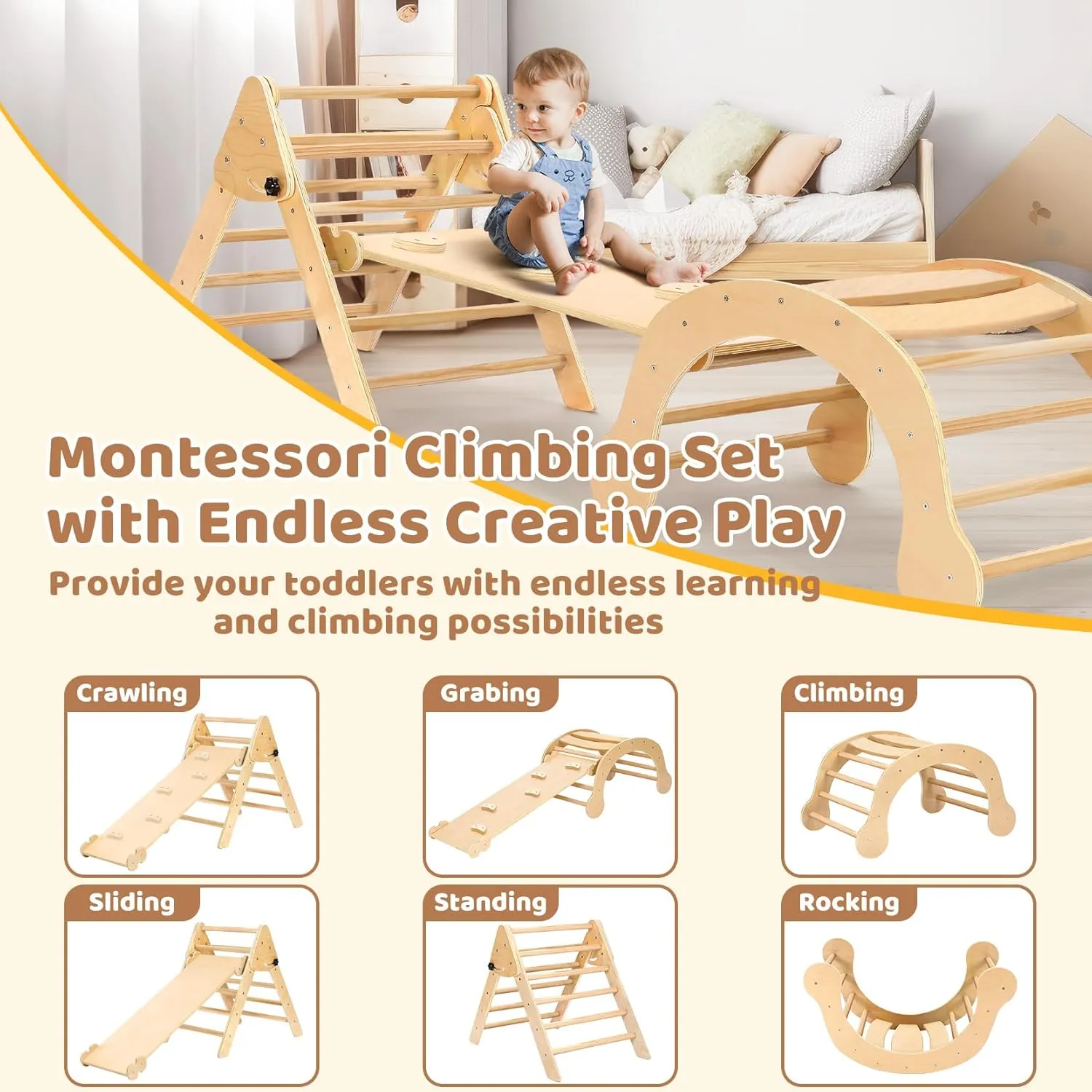 YOLEO 7-in-1 Pikler Triangle Set, Montessori Toddler Climbing Toys Indoor,Easy-Fold Wooden Climbing Toys for Toddlers 1-3 Inside,Fun Pickler climbing Set and Indoor Playground Jungle Gyms for Toddlers