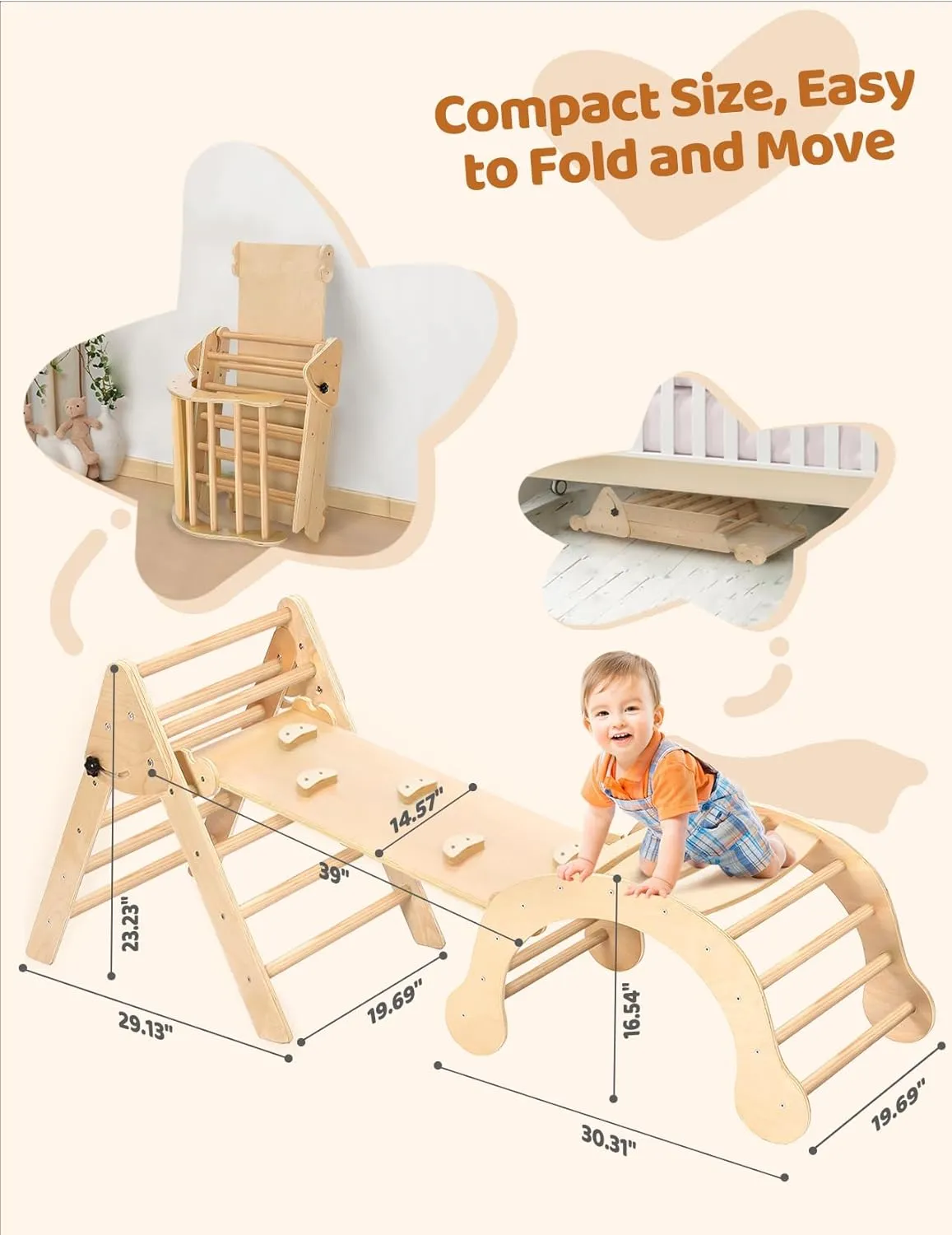 YOLEO 7-in-1 Pikler Triangle Set, Montessori Toddler Climbing Toys Indoor,Easy-Fold Wooden Climbing Toys for Toddlers 1-3 Inside,Fun Pickler climbing Set and Indoor Playground Jungle Gyms for Toddlers