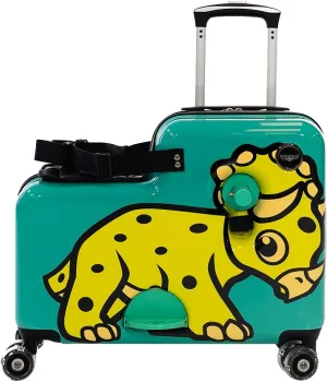 Younglingz Lil Flyer 20" kid ride on suitcase child stroller spinner luggage (Green Triceratops)