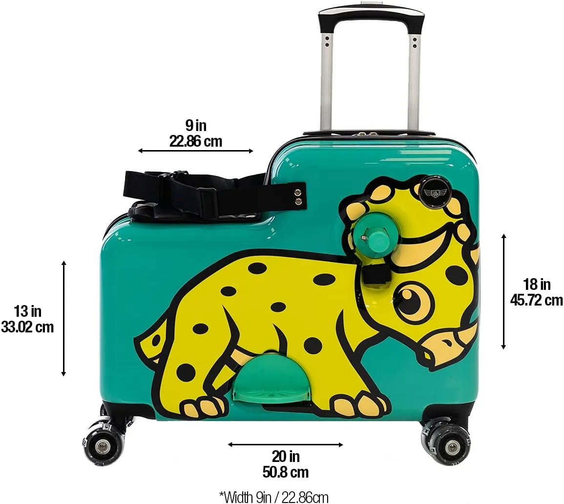 Younglingz Lil Flyer 20" kid ride on suitcase child stroller spinner luggage (Green Triceratops)