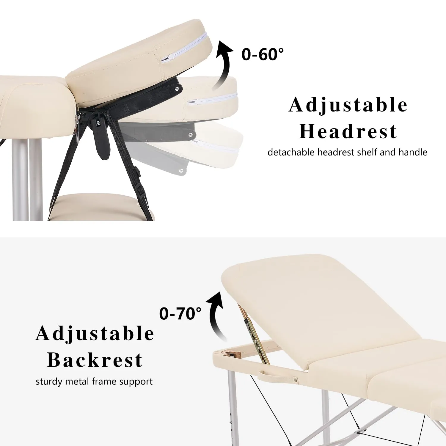 YOUNIKE Portable Massage Table Professional Aluminum Alloy 3 Folding with Backrest Lightweight Height Adjustable Lash Bed Facial Spa Beauty Salon Tattoo Home Fully Accessories White