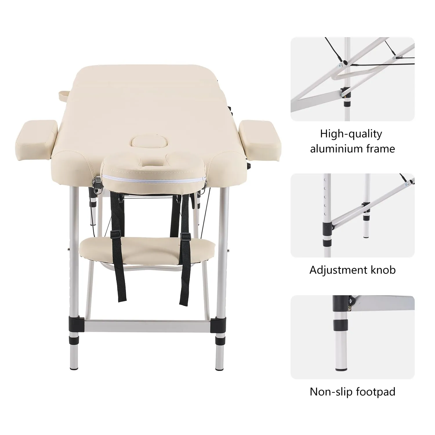 YOUNIKE Portable Massage Table Professional Aluminum Alloy 3 Folding with Backrest Lightweight Height Adjustable Lash Bed Facial Spa Beauty Salon Tattoo Home Fully Accessories White