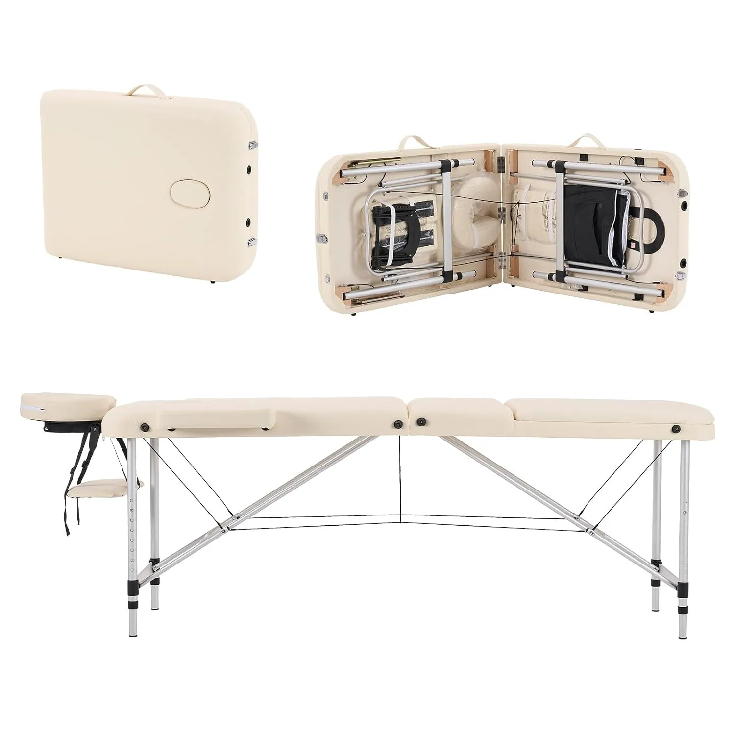 YOUNIKE Portable Massage Table Professional Aluminum Alloy 3 Folding with Backrest Lightweight Height Adjustable Lash Bed Facial Spa Beauty Salon Tattoo Home Fully Accessories White