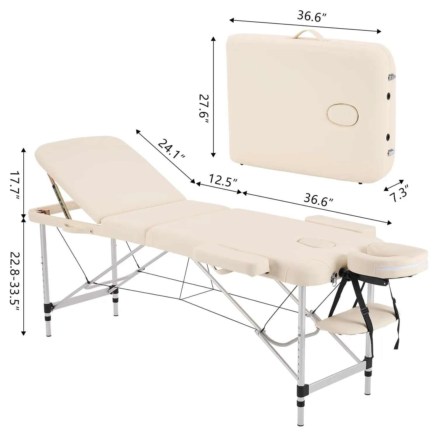 YOUNIKE Portable Massage Table Professional Aluminum Alloy 3 Folding with Backrest Lightweight Height Adjustable Lash Bed Facial Spa Beauty Salon Tattoo Home Fully Accessories White
