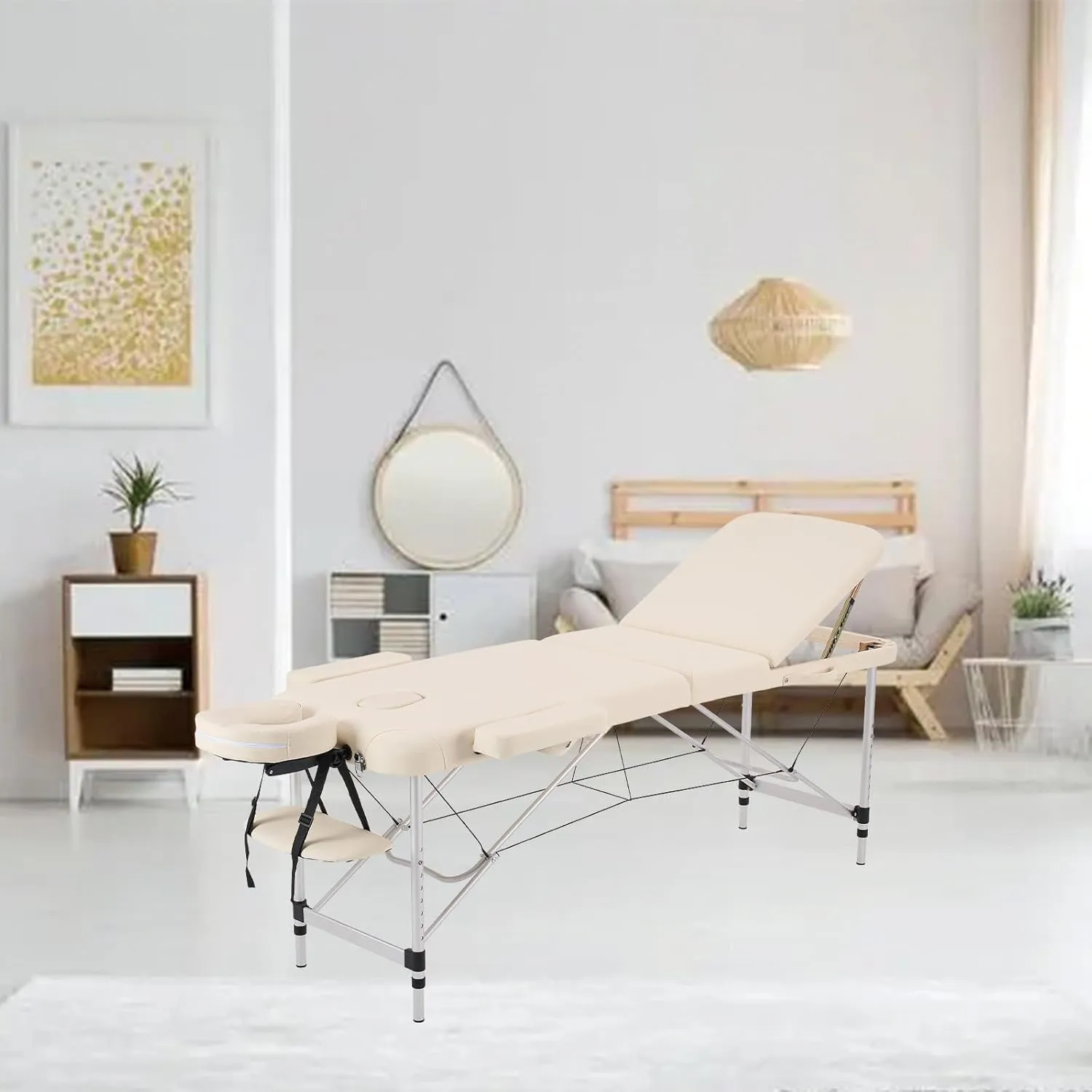 YOUNIKE Portable Massage Table Professional Aluminum Alloy 3 Folding with Backrest Lightweight Height Adjustable Lash Bed Facial Spa Beauty Salon Tattoo Home Fully Accessories White