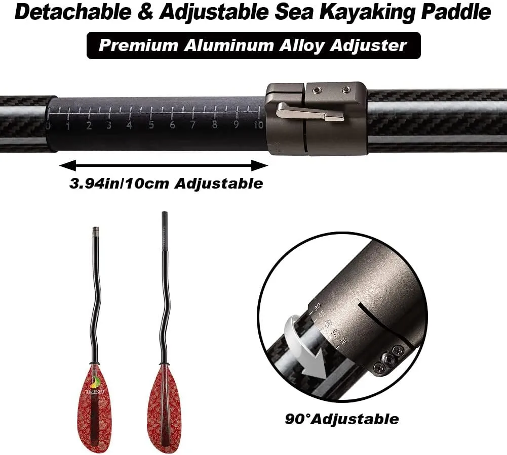 Z&J SPORT Kayak Paddle with Bag, Carbon Shaft Kayaking Paddle and Fiberglass Blade, Recreational Touring Kayak Paddle for Dynamic Kayaking in Ocean, River, Lake