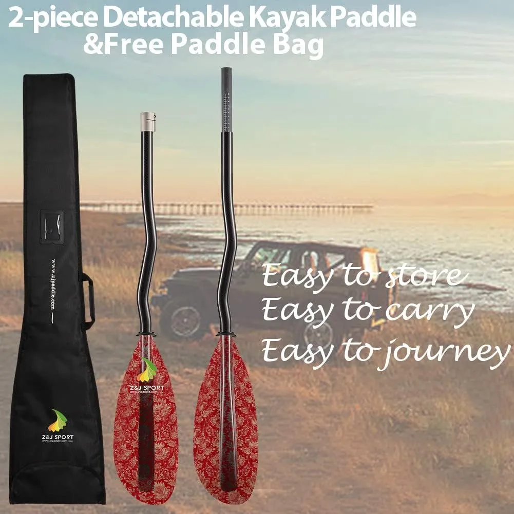 Z&J SPORT Kayak Paddle with Bag, Carbon Shaft Kayaking Paddle and Fiberglass Blade, Recreational Touring Kayak Paddle for Dynamic Kayaking in Ocean, River, Lake