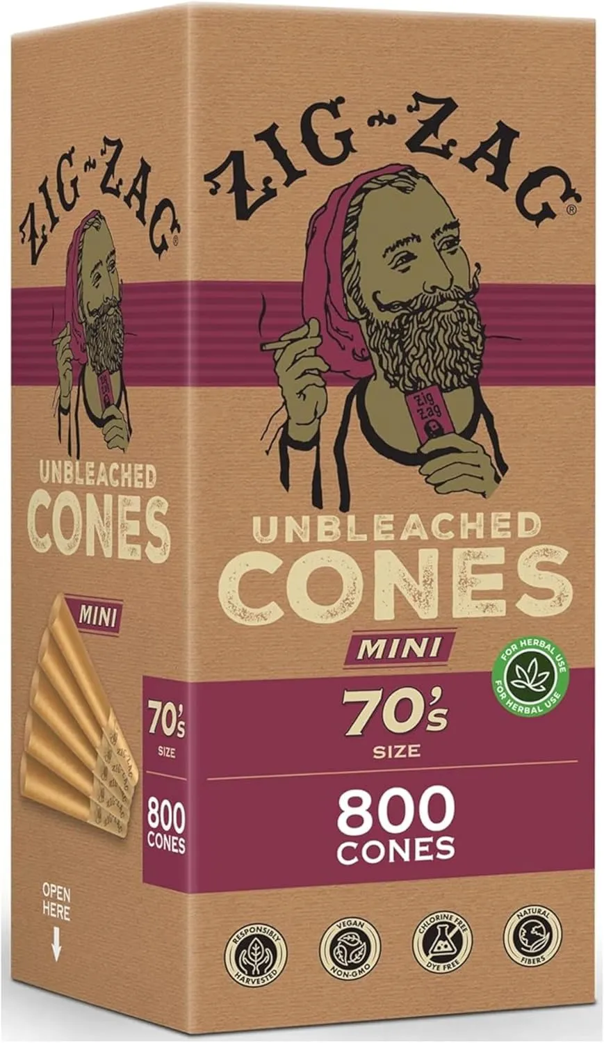 Zig-Zag Natural Unbleached Pre Rolled Cones - 70mm, 800 Pack | Easy to Use, Convenient Bulk Rolling Papers | prerolled